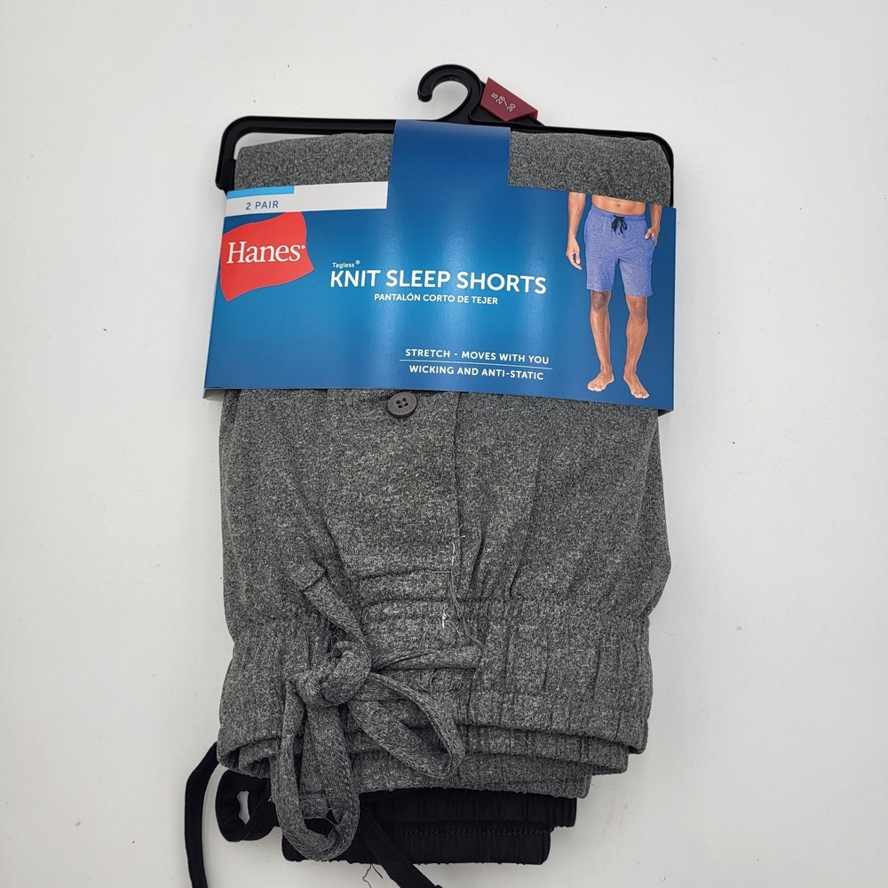 Hanes 2 Pack Tagless Knit Sleep Shorts Mens Small Black Gray
